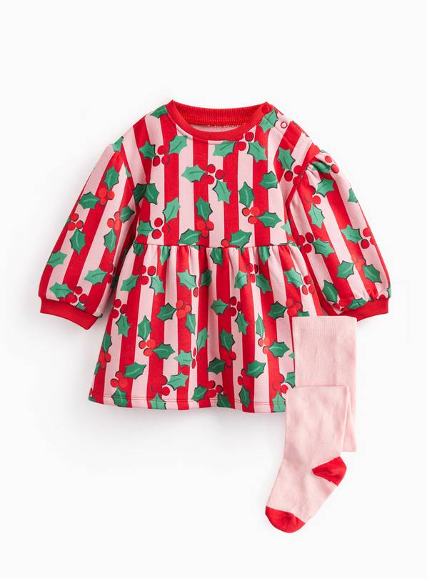 Christmas Holly Striped Dress & Tights Set 9-12 months